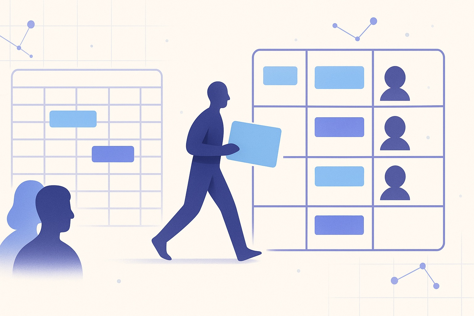 Illustration éditoriale : des sessions de formation reliées à des profils de formateurs sur un planning