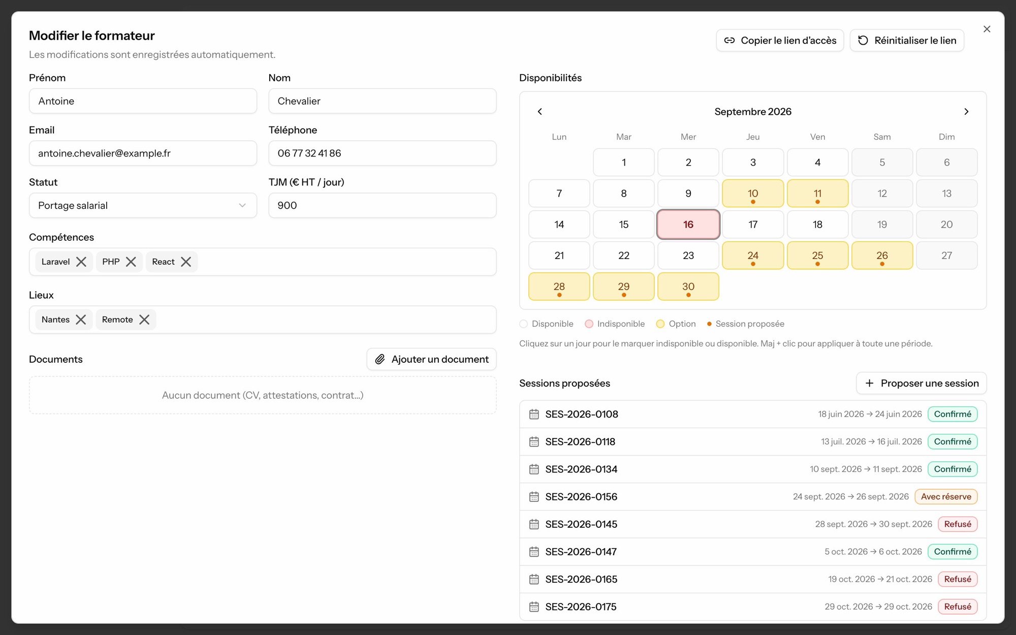 Fiche formateur : compétences, lieux, statut, tarif journalier, calendrier des disponibilités et sessions proposées