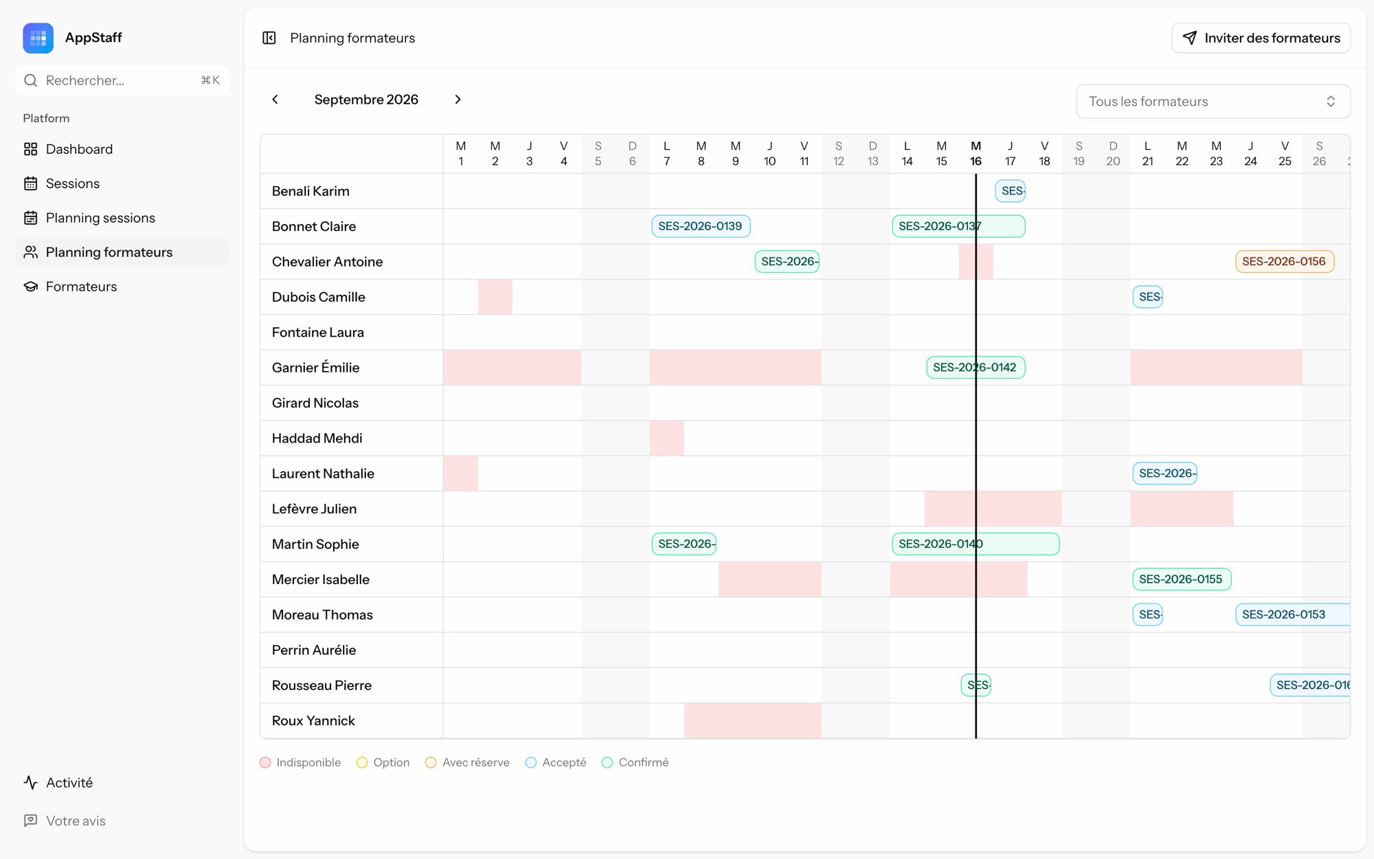 Planning mensuel des formateurs : sessions affectées et jours d’indisponibilité