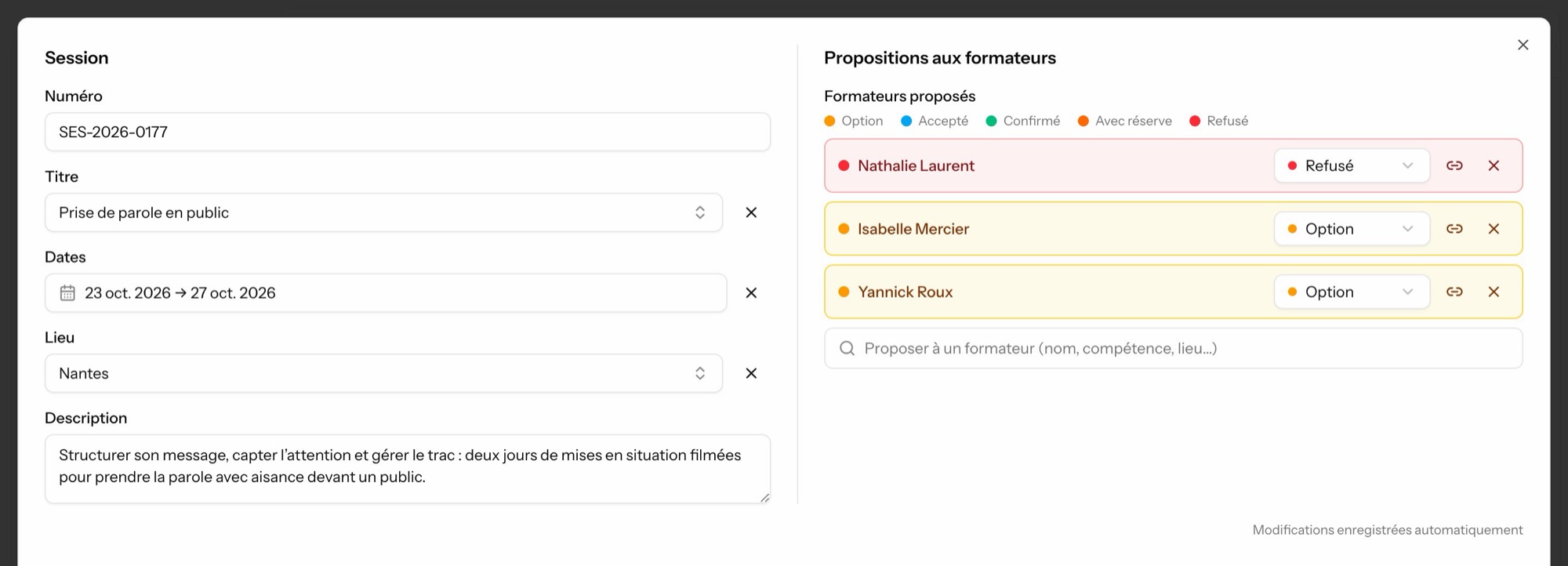 Fiche d’une session : formateurs proposés et statut de chaque proposition (option, refusé…)